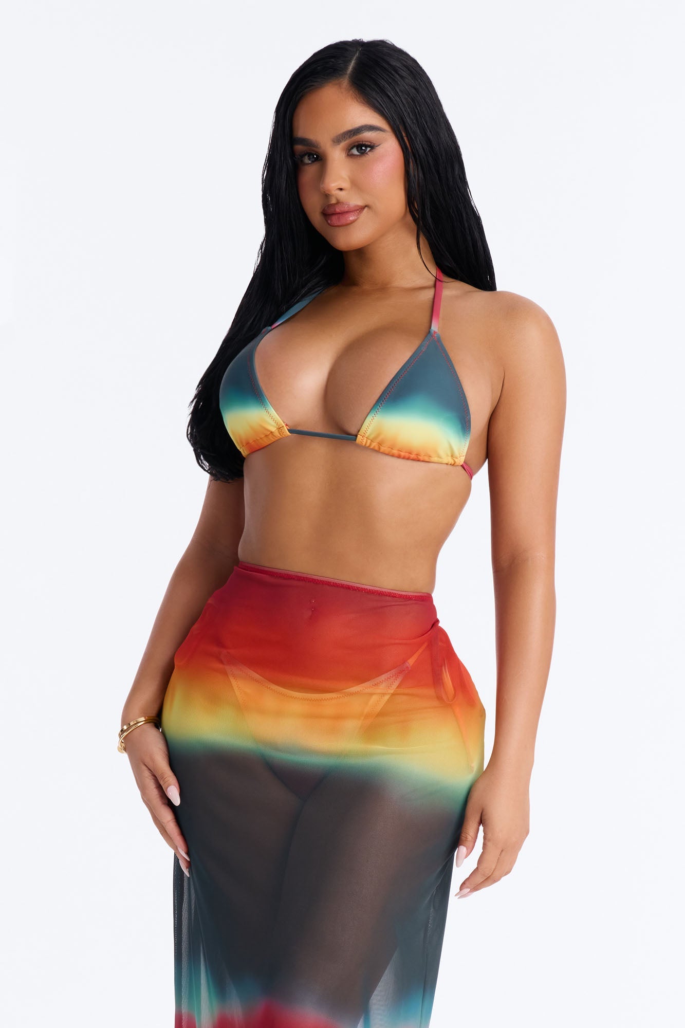 Arianna Ombre Sheer 3 Piece Bikini Skirt Set - Multi Color NEWFASHIONEDGE