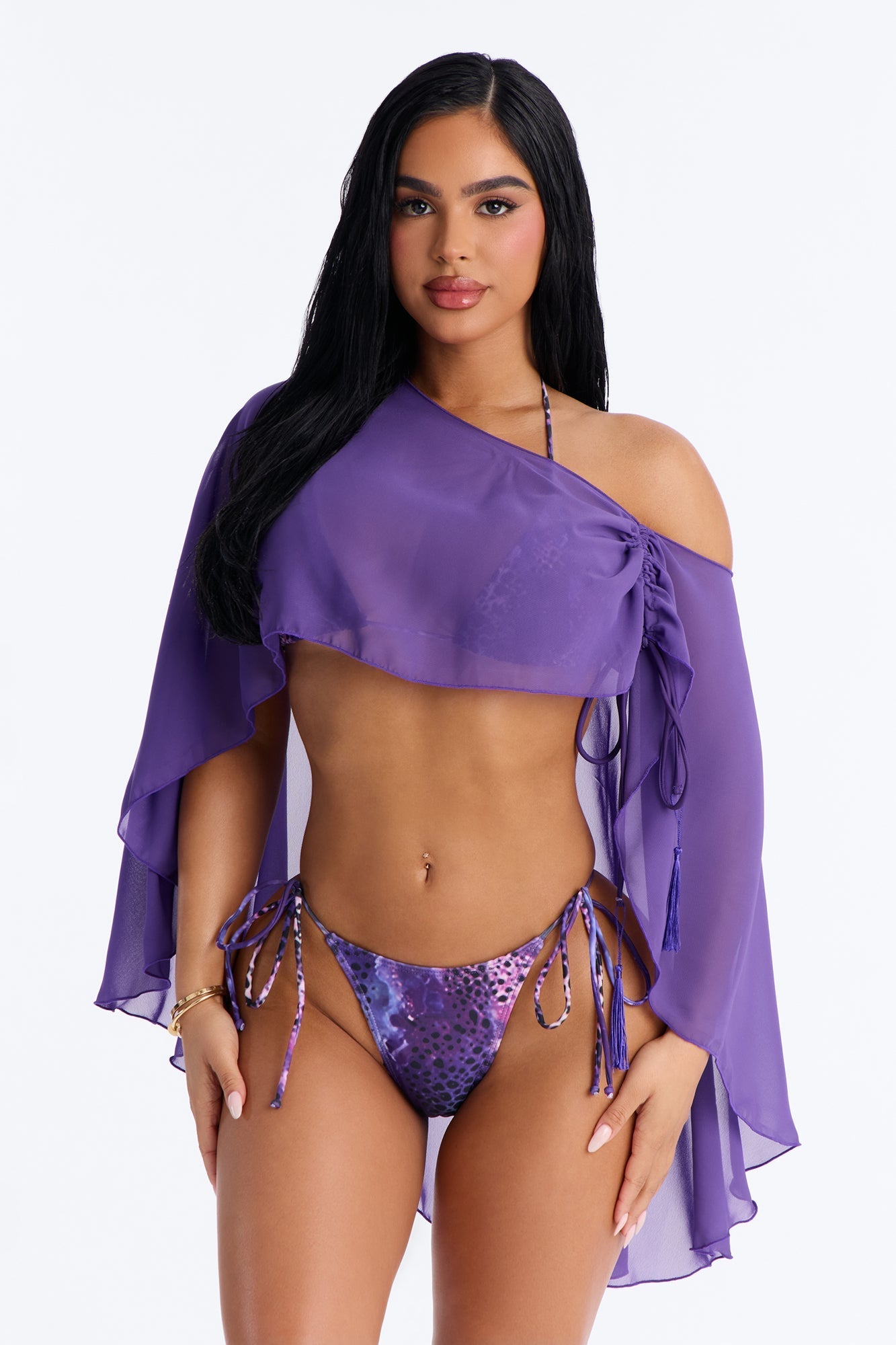 Havana Honey Mesh 3 Piece Bikini Poncho Set - Purple NEWFASHIONEDGE