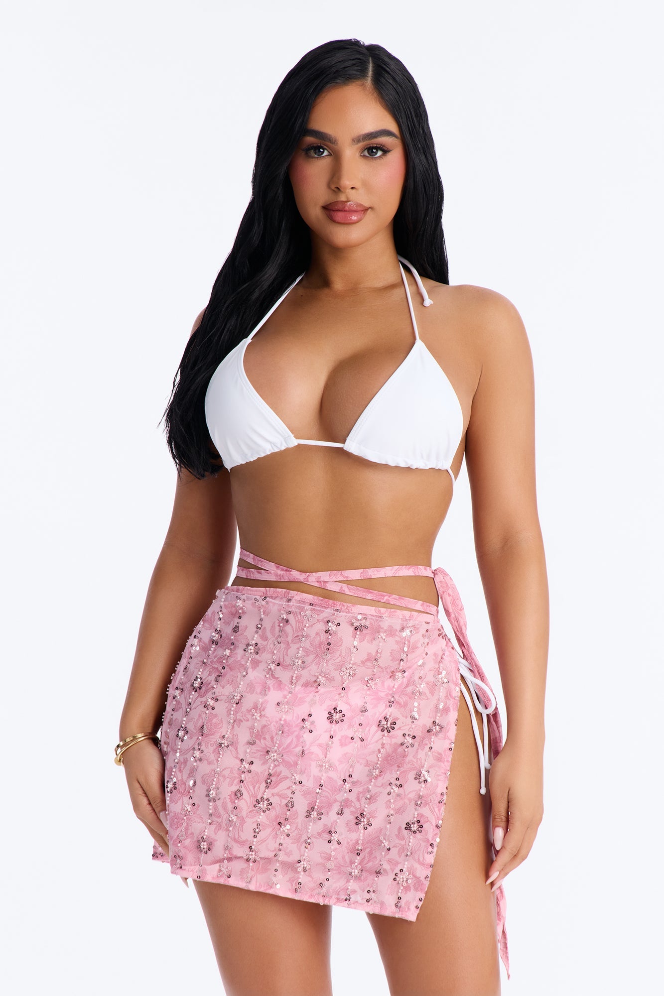 Salt Water Embellished Floral Sequin Trim Strappy Waist Tie Swim Cover Up Skirt - Pink Fashion Nova