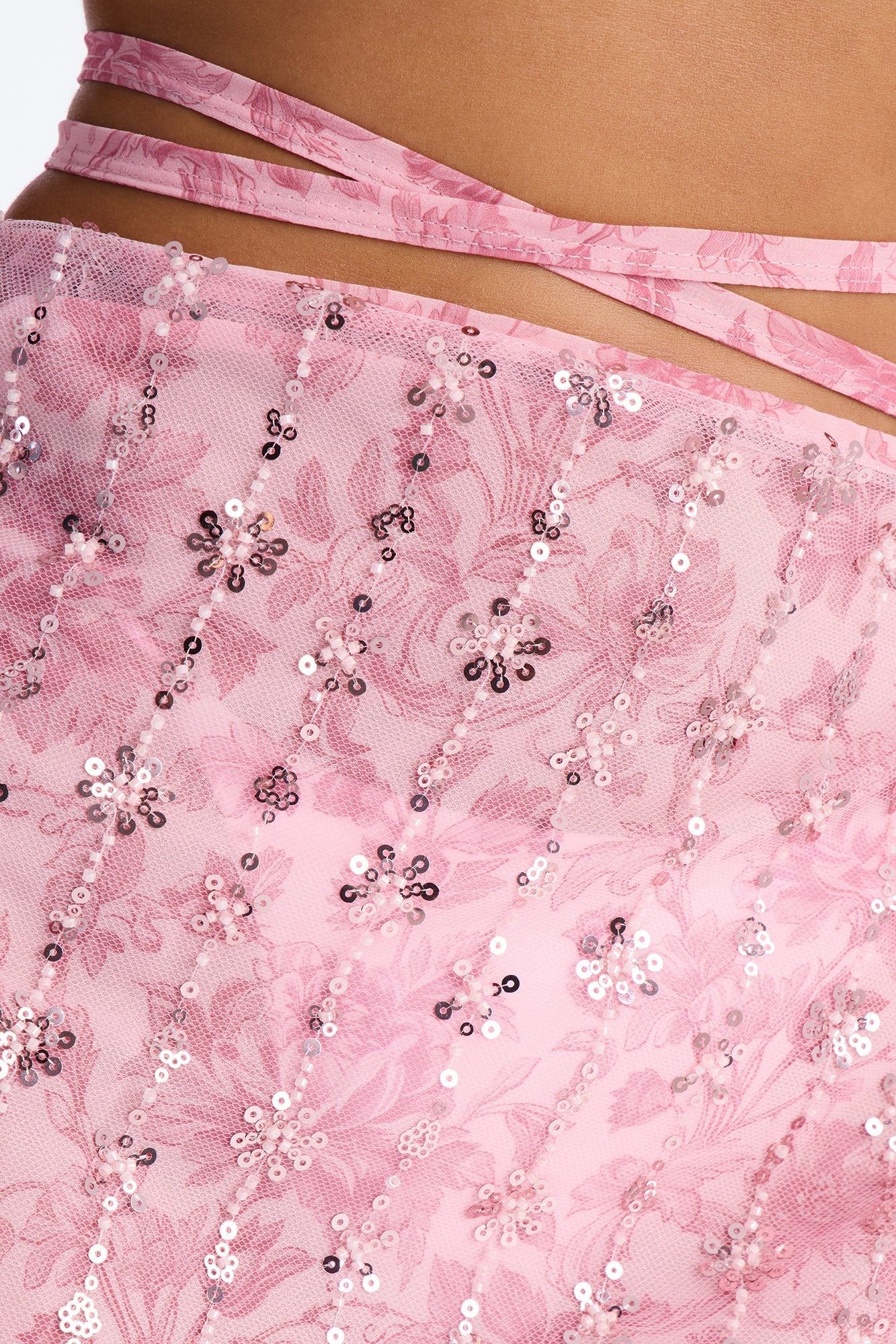 Salt Water Embellished Floral Sequin Trim Strappy Waist Tie Swim Cover Up Skirt - Pink Fashion Nova