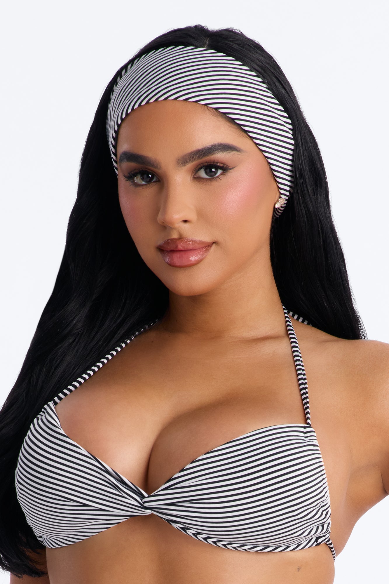 Endless Wave Knit Striped 4 Piece Bikini Skirt Set & Headscarf - Black/White NEWFASHIONEDGE