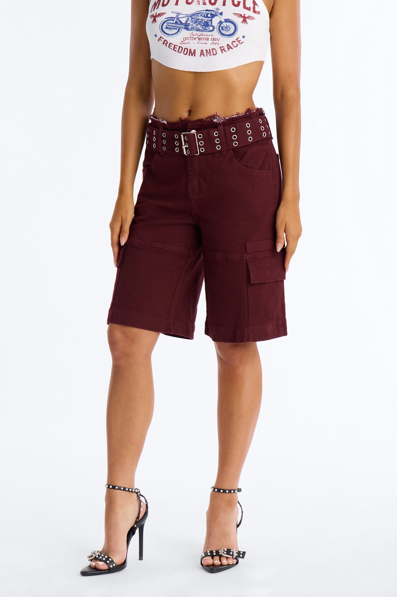 Valerie Cargo Cut Off Waistband Denim Shorts - Wine NEWFASHIONEDGE