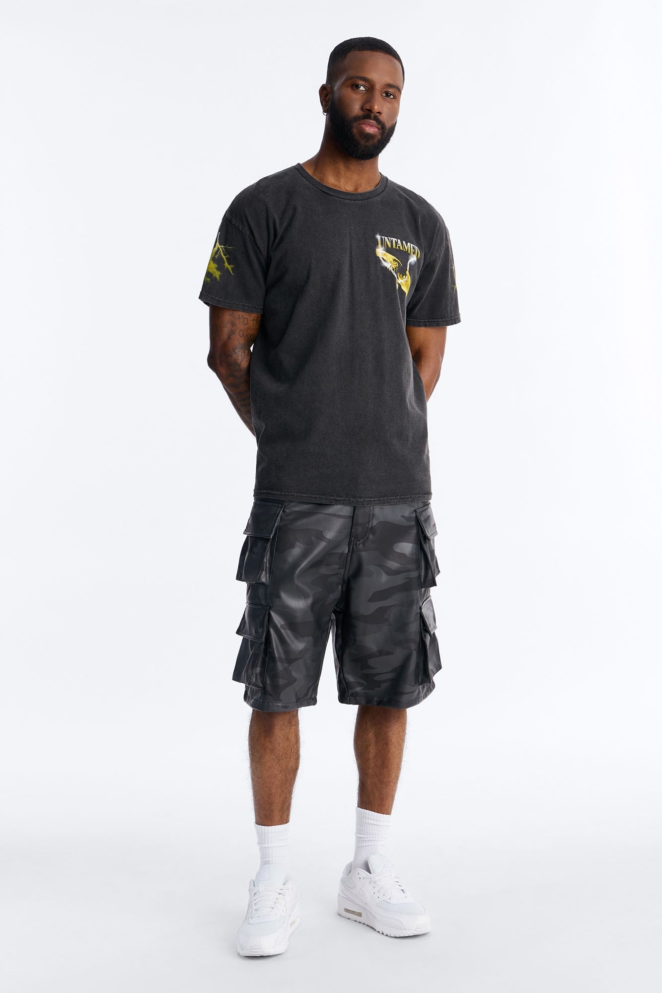 Faux Leather Camo Mirage Cargo Short - Grey