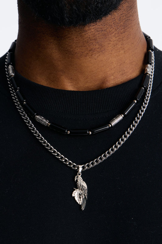 Layered Cuban Parrot And Beaded Necklace Set - Silver/Black