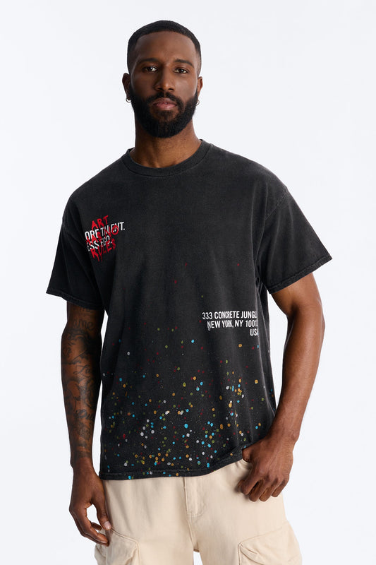 Art Has No Rules Paint Splatter Oversized Short Sleeve Tee - Black Wash