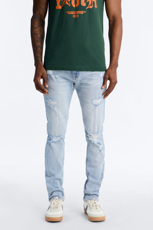 Essential Destroyed Skinny Stretch Jean - Light Blue Wash