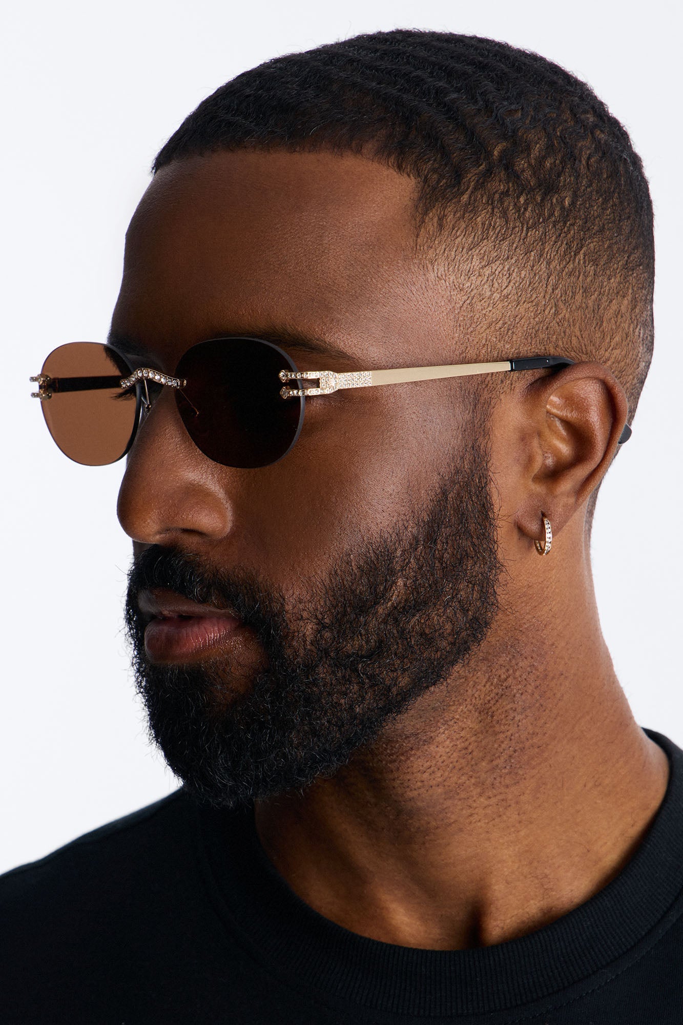 Embellished Round Frameless Metal Sunglasses - Gold/Brown