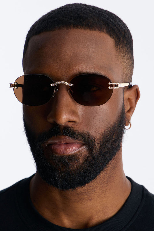 Embellished Round Frameless Metal Sunglasses - Gold/Brown