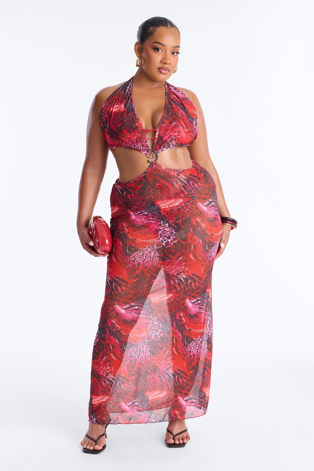 Azure Aura Mesh Beaded 3 Piece Bikini Sunsuit - Red/combo NEWFASHIONEDGE