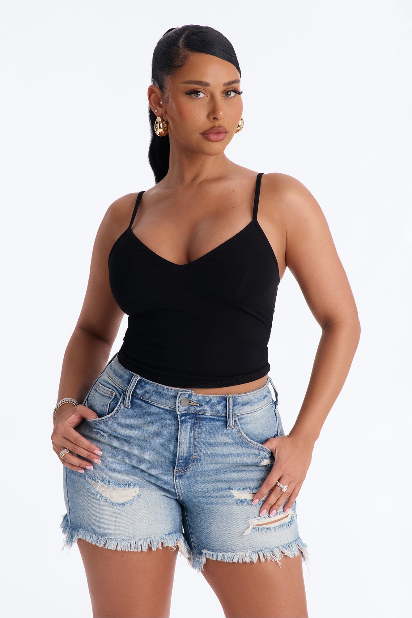 Flora Basic V Neck Cami Top - Black Fashion Nova