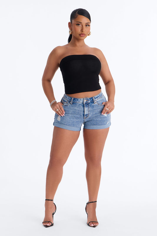 Carmela Cuffed Stretch Denim Shorts - Medium Wash