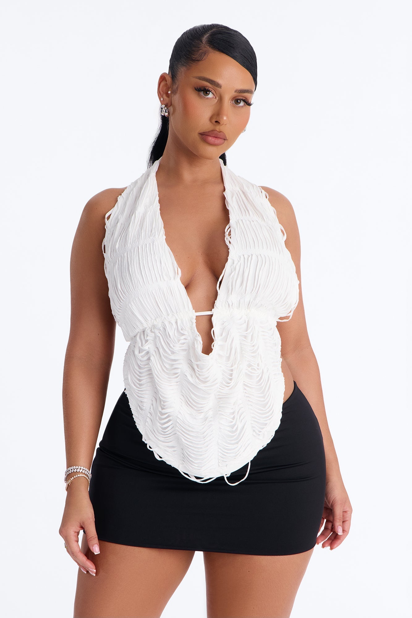 Playa Paradise Textured Deep Cowl Halter Top - White NEWFASHIONEDGE