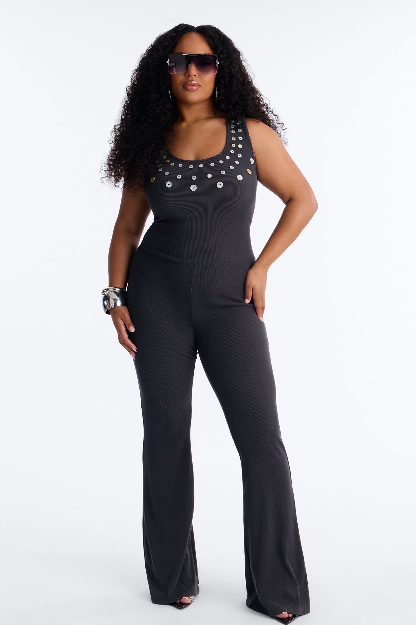 Rio Ribbed Flare Leg Jumpsuit - Charcoal Fashion Nova