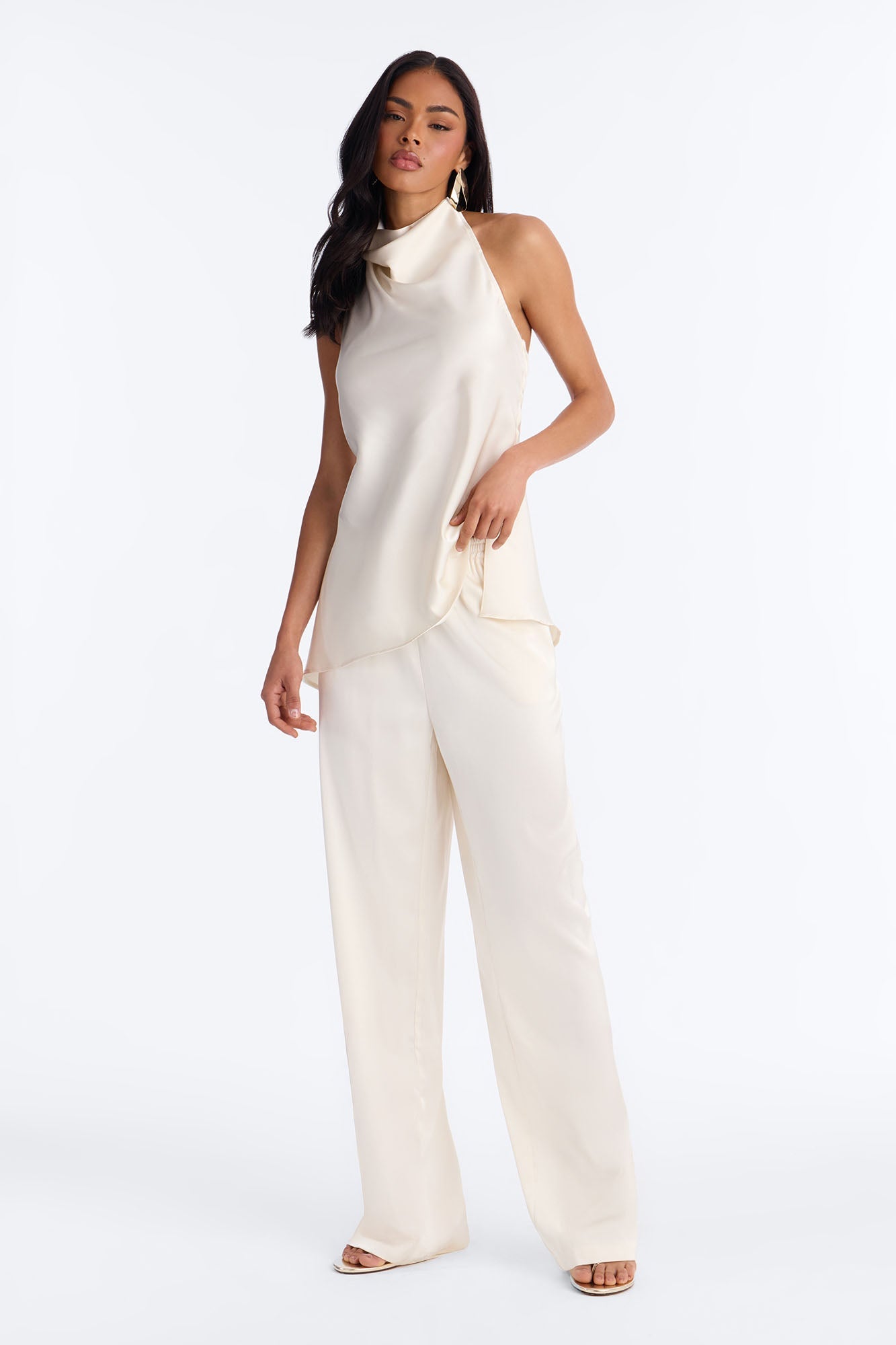 Teagan Low Rise Satin Wide Leg Pant 33″ - Ivory Fashion Nova