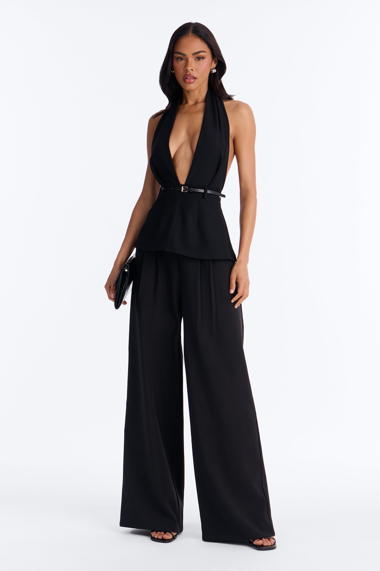 Minimal Talk Belted Twill Halter Top - Black NEWFASHIONEDGE