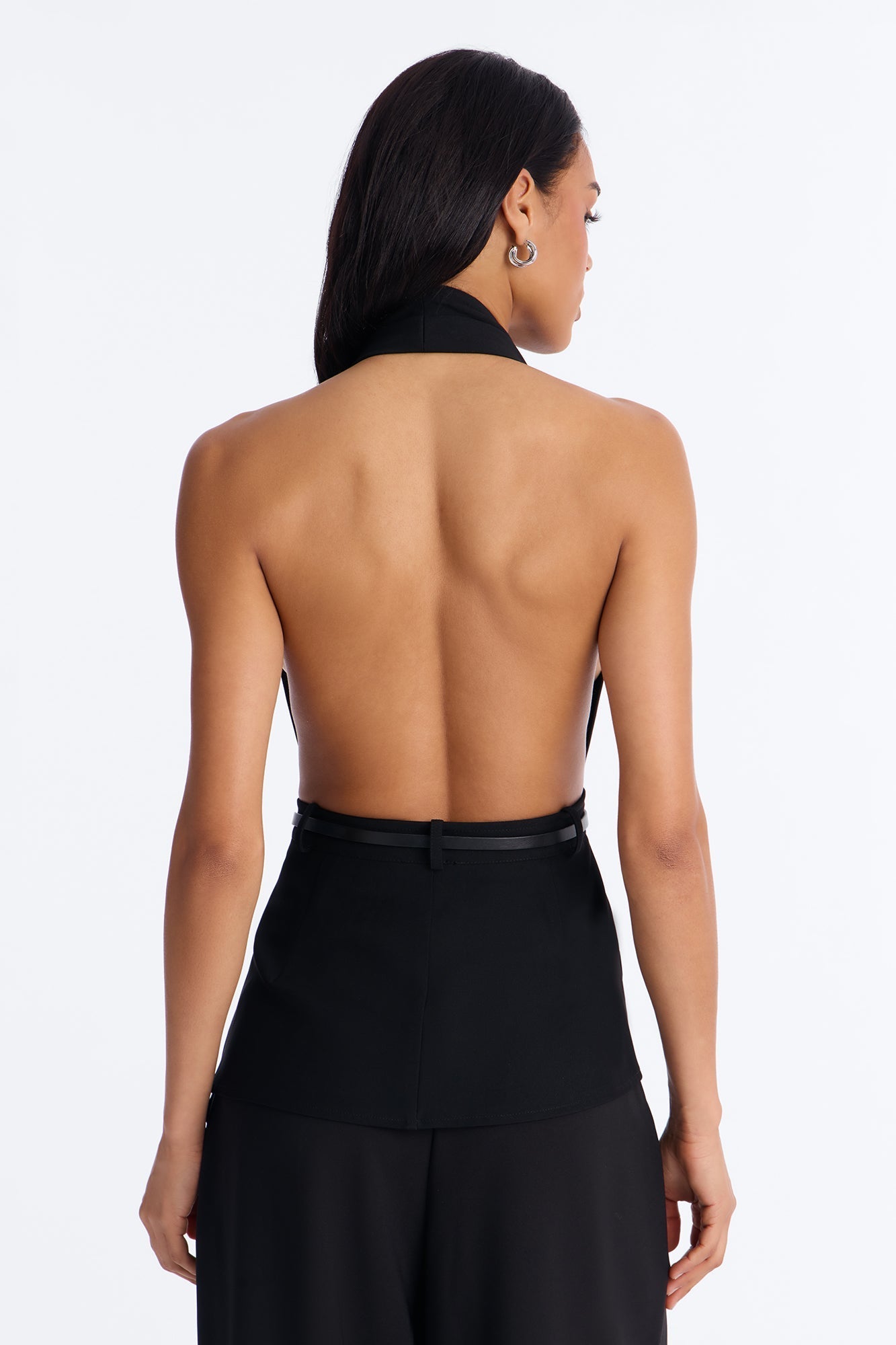 Minimal Talk Belted Twill Halter Top - Black NEWFASHIONEDGE