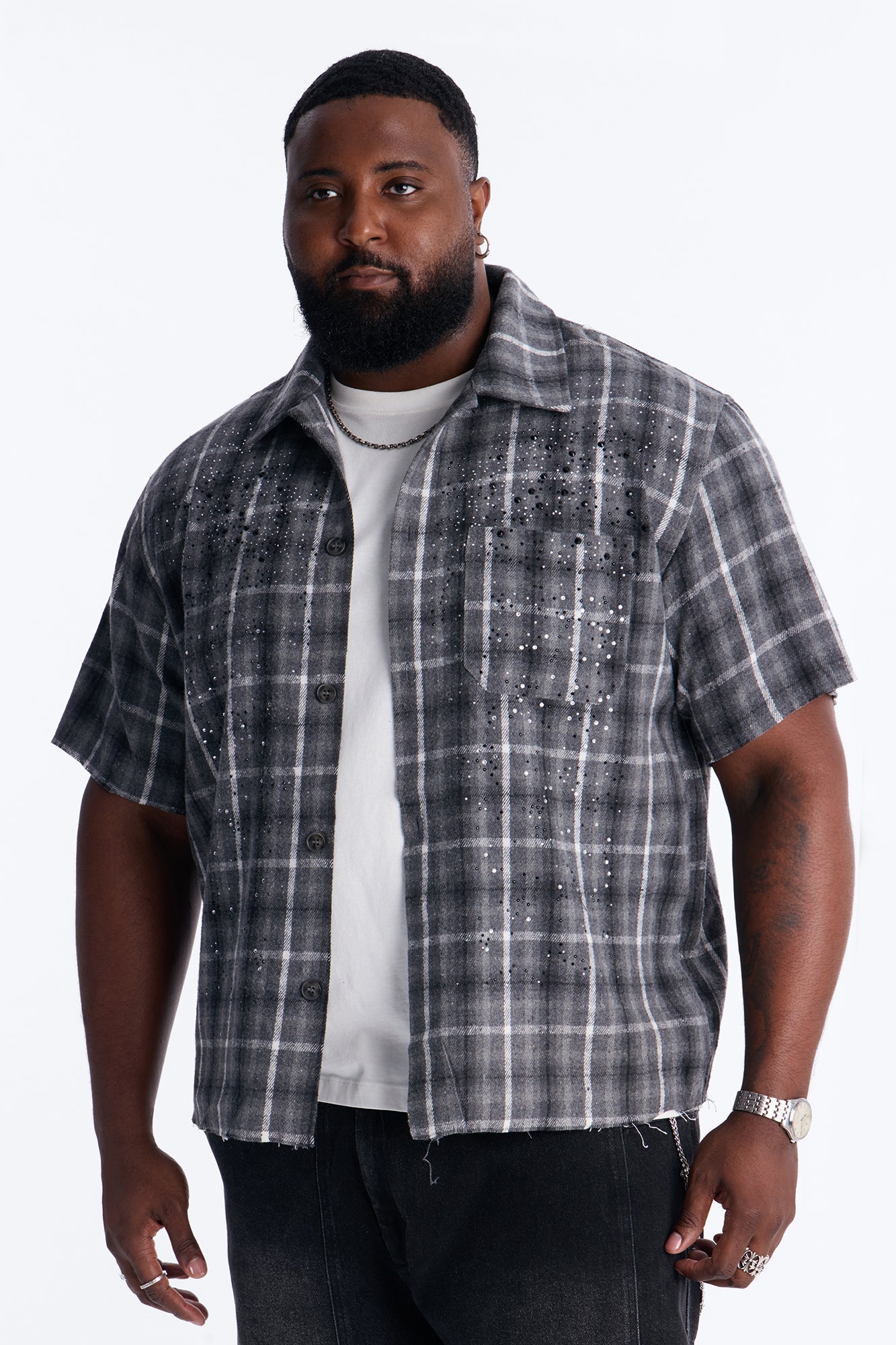 Jeweled Plaid Raw Hem Button Up Shirt - Black