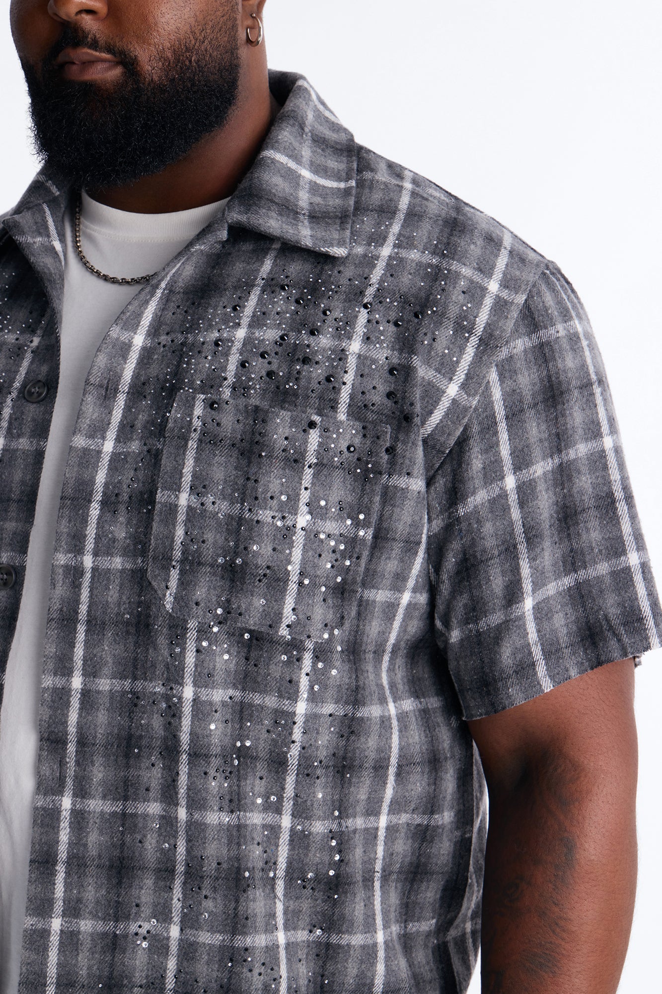 Jeweled Plaid Raw Hem Button Up Shirt - Black