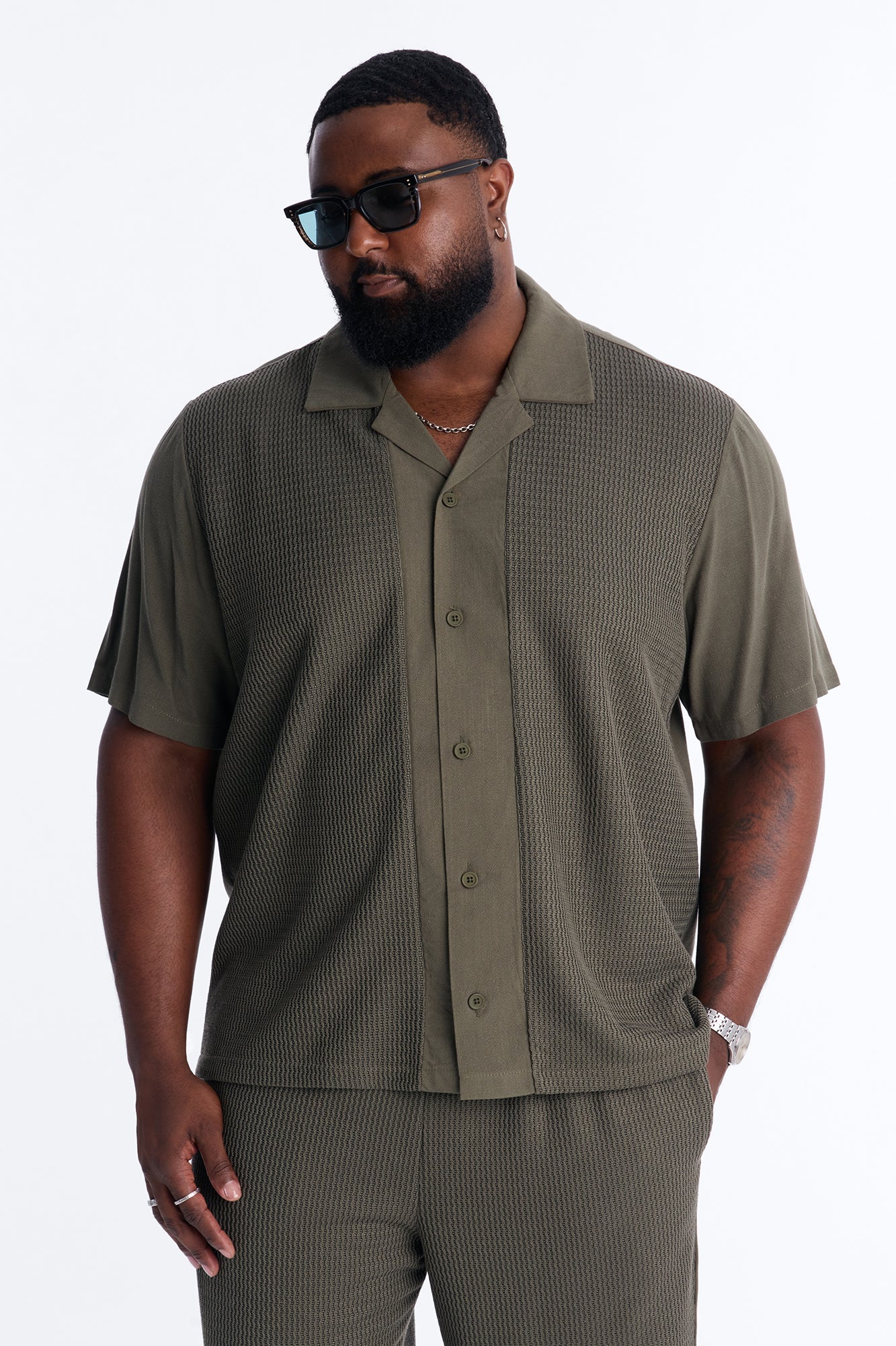 Brookfield Flow Cuban Collar Button Up Shirt - Olive