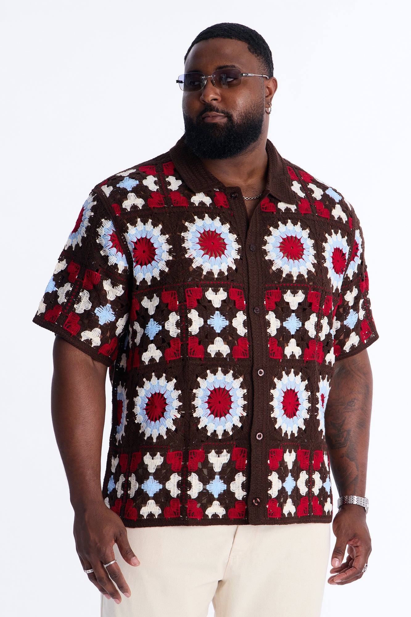 Desert Hues Crochet Button Up Shirt - Brown