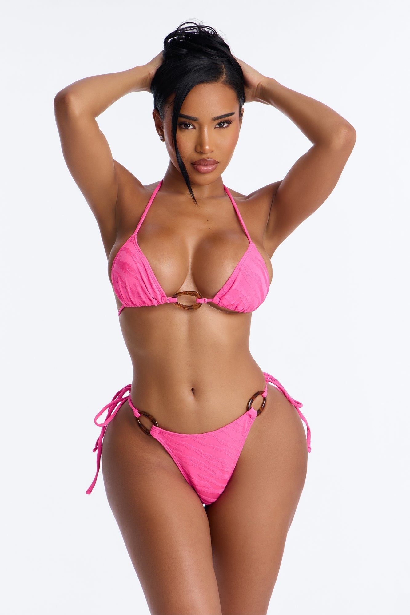 Sunset Splash Textured 3 Piece Bikini Shorts Set - Fuchsia NEWFASHIONEDGE