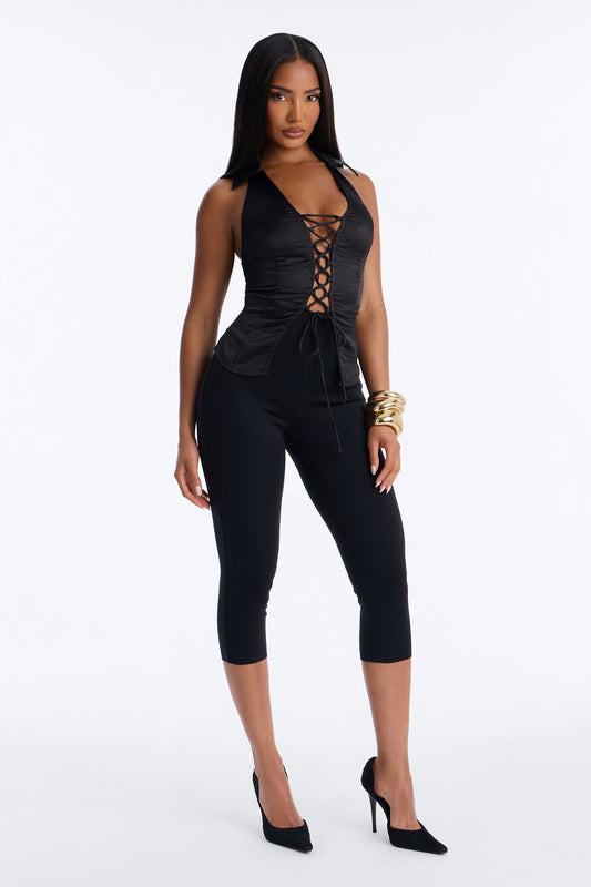 Simply That Girl Lace Up Satin Halter Top - Black