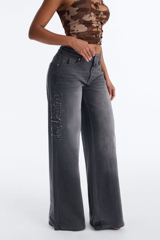Von Dutch Cut Off Wide Leg Jeans - Grey