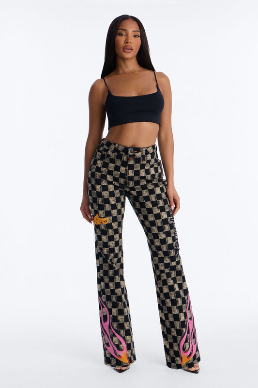 Von Dutch Checkered Bootcut Jeans - Black/combo