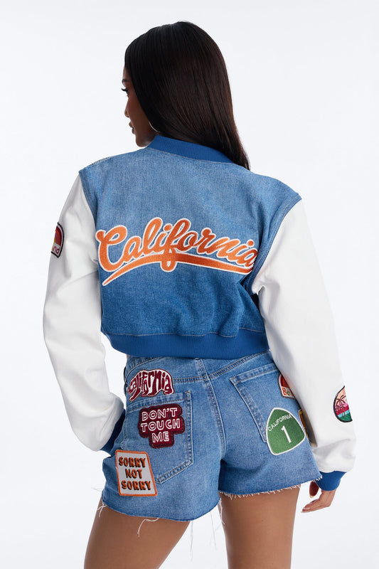 Golden State Cutie Patch Denim Bomber Jacket - Medium Wash Fashion Nova
