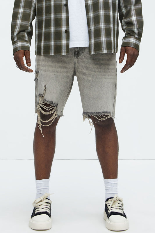 Relaxed Raw Hem Distressed Denim Shorts - Grey/Smoke