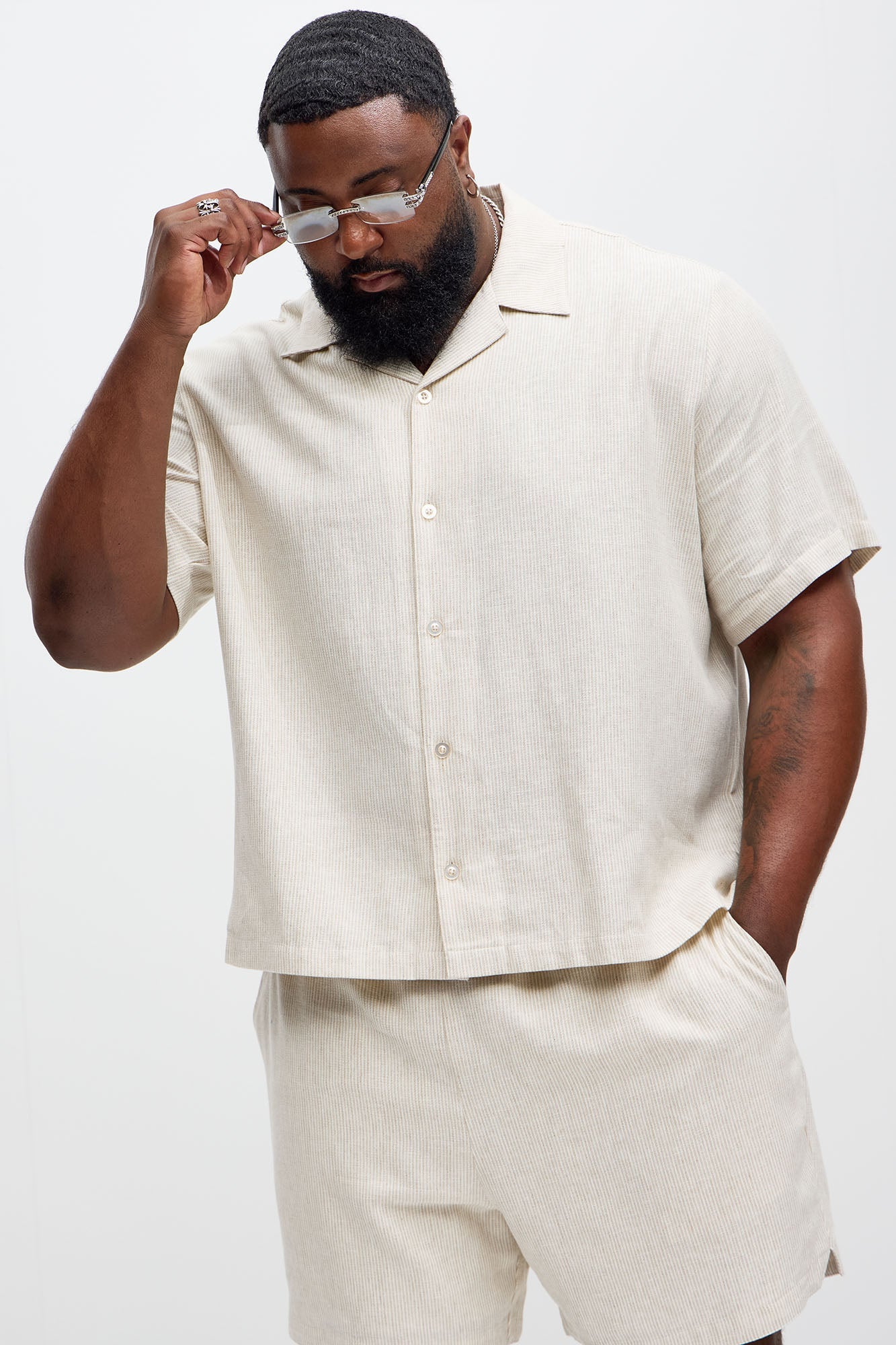 Twill Stripe Slim Button Up - Taupe