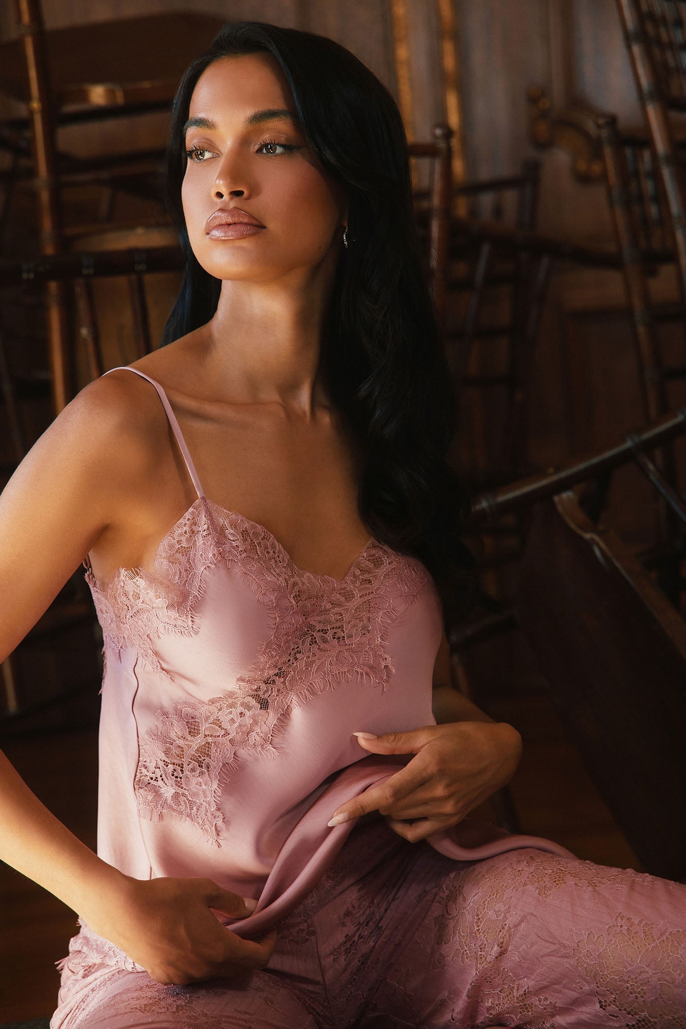 Yasmin Satin Lace Pant Set - Mauve