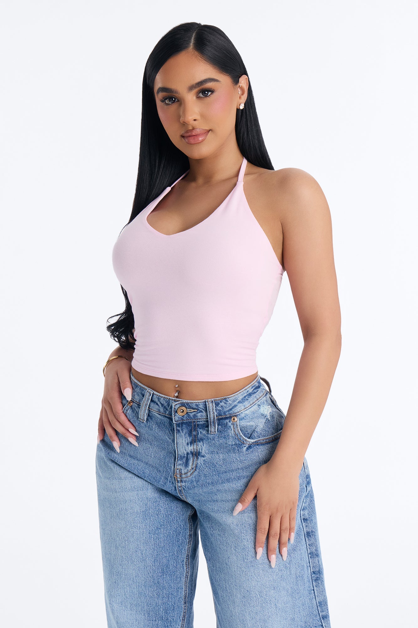 Elise Basic V Neck Halter Top - Light Pink Fashion Nova