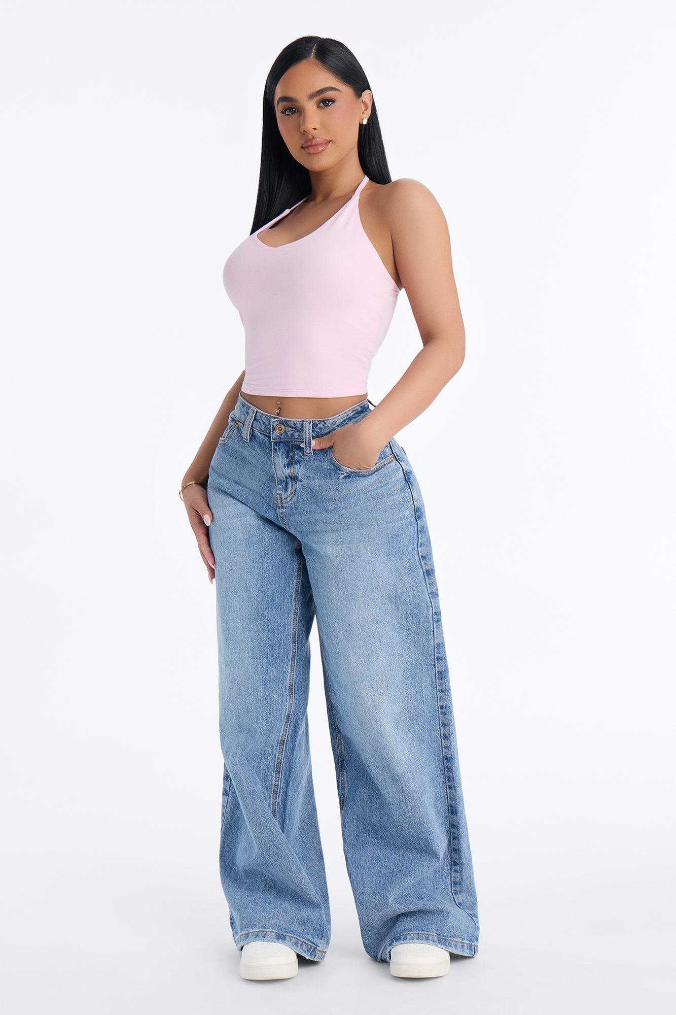 Elise Basic V Neck Halter Top - Light Pink Fashion Nova