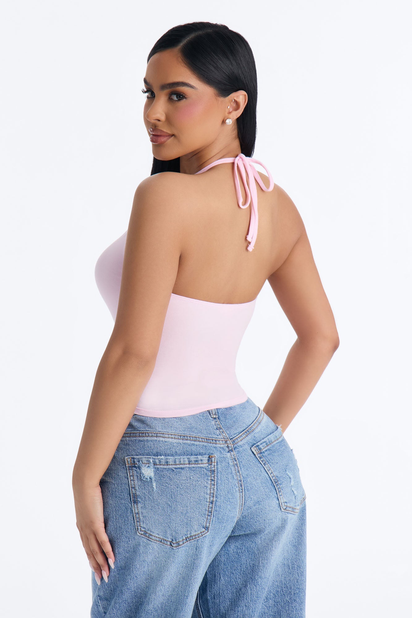 Elise Basic V Neck Halter Top - Light Pink Fashion Nova