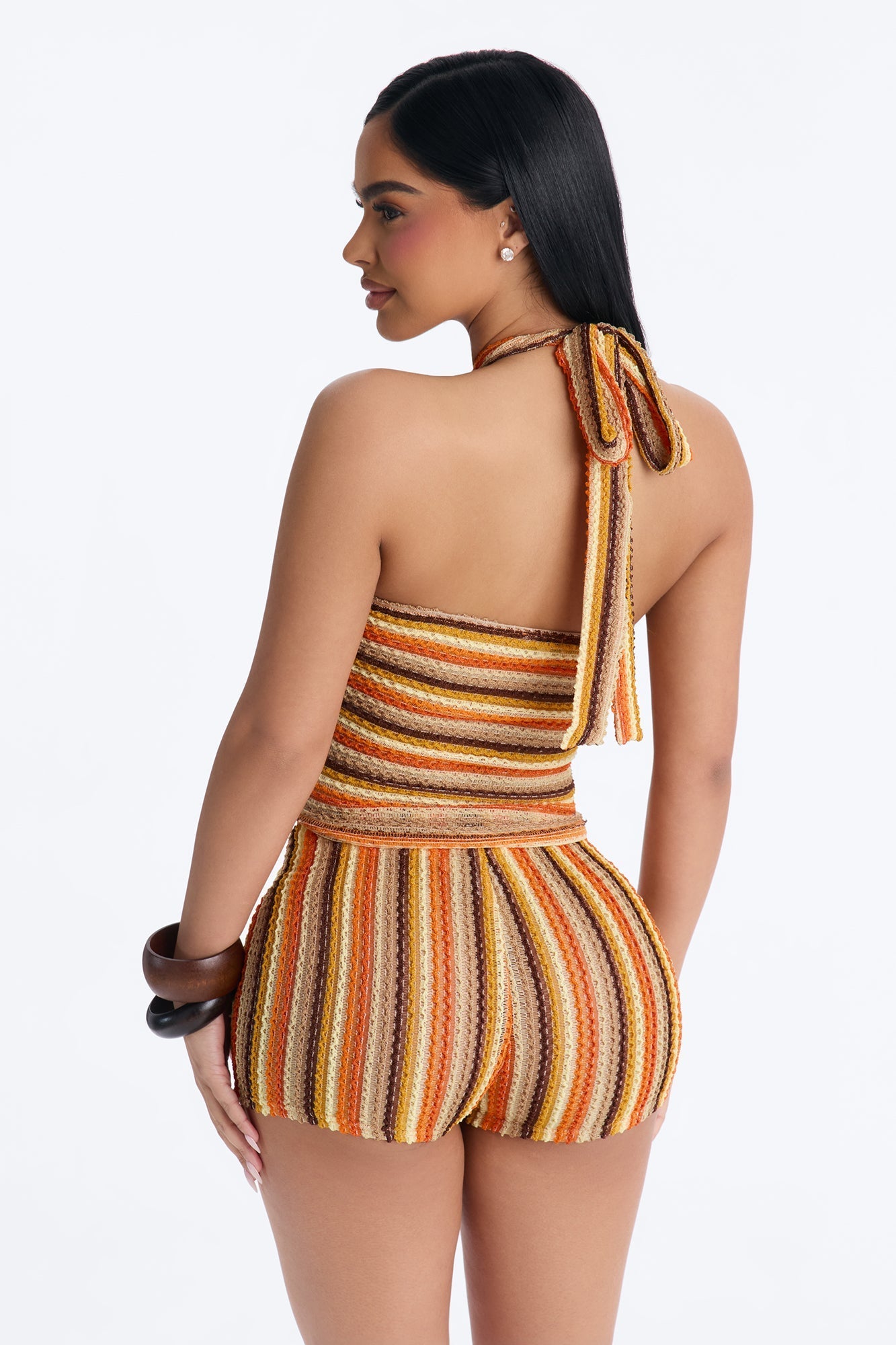 Sienna Striped Cut Out Crochet Halter Top - Orange NEWFASHIONEDGE