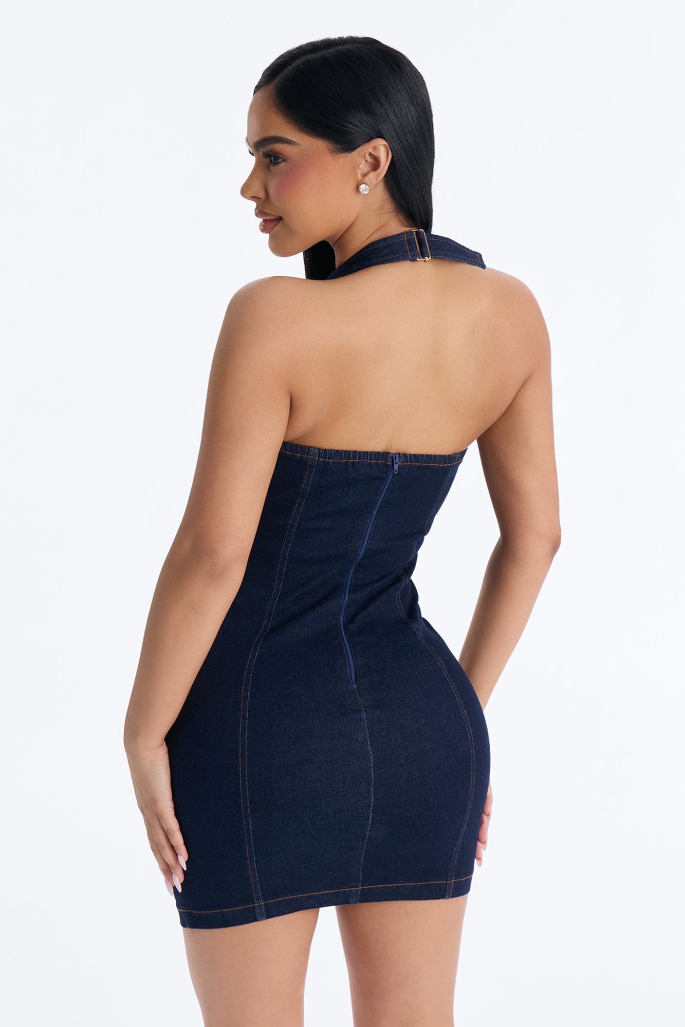 Jae Rae Halter Stretch Denim Micro Mini Dress - Dark Wash NEWFASHIONEDGE