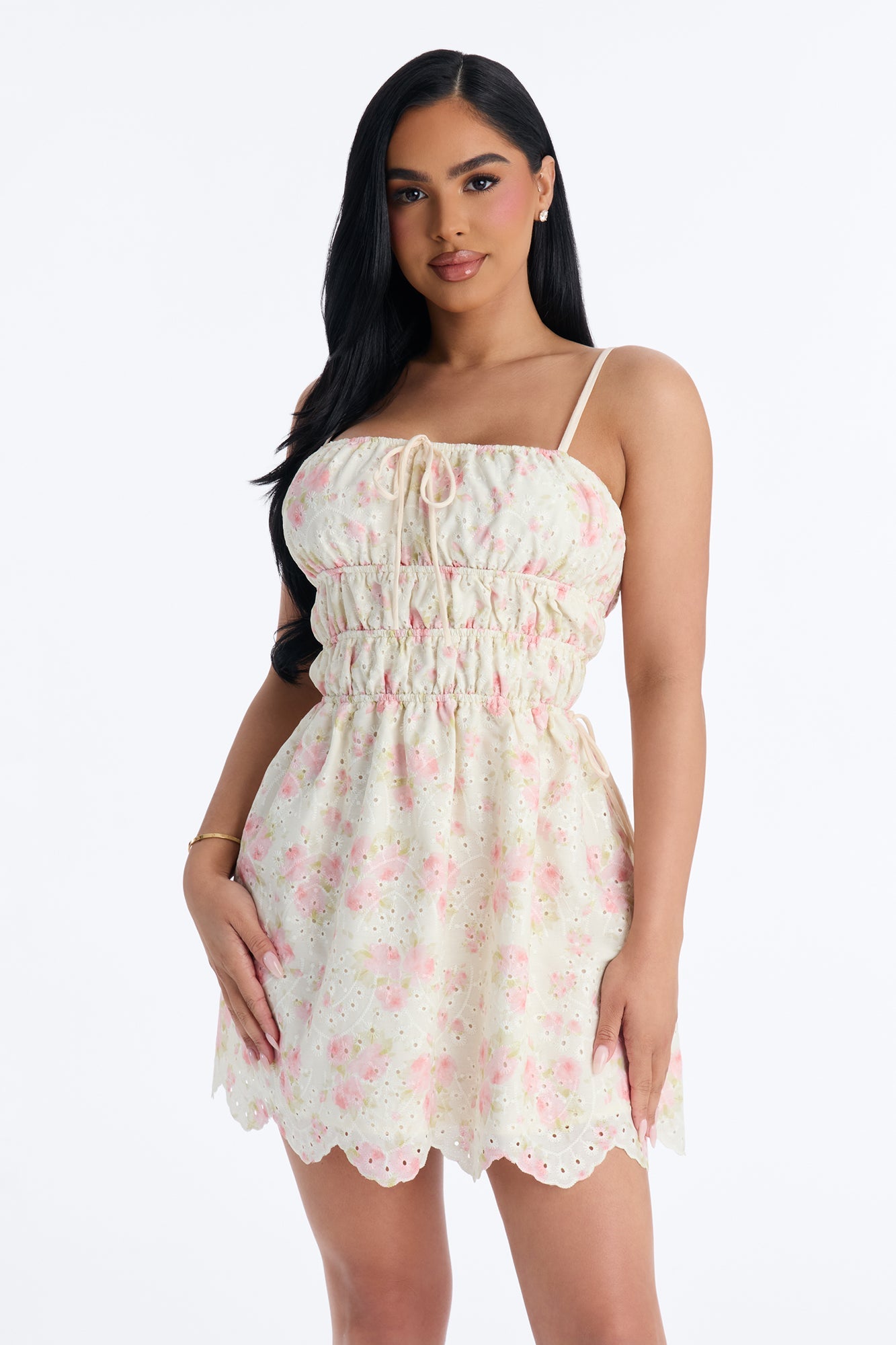Skylar Floral Eyelet Mini Dress - Cream/combo Fashion Nova