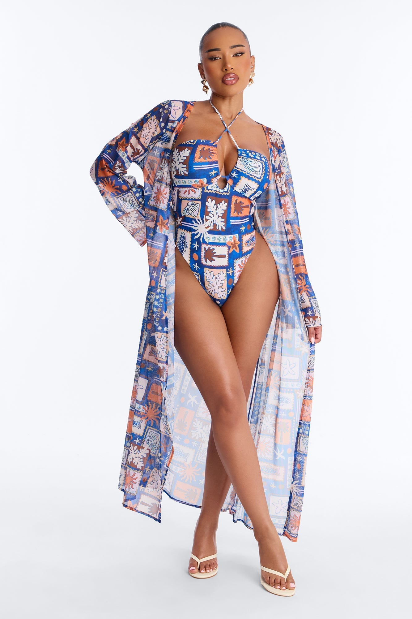 Monique Geometric Criss Cross Halter 2 Piece Bikini Kimono Set - Blue/combo NEWFASHIONEDGE