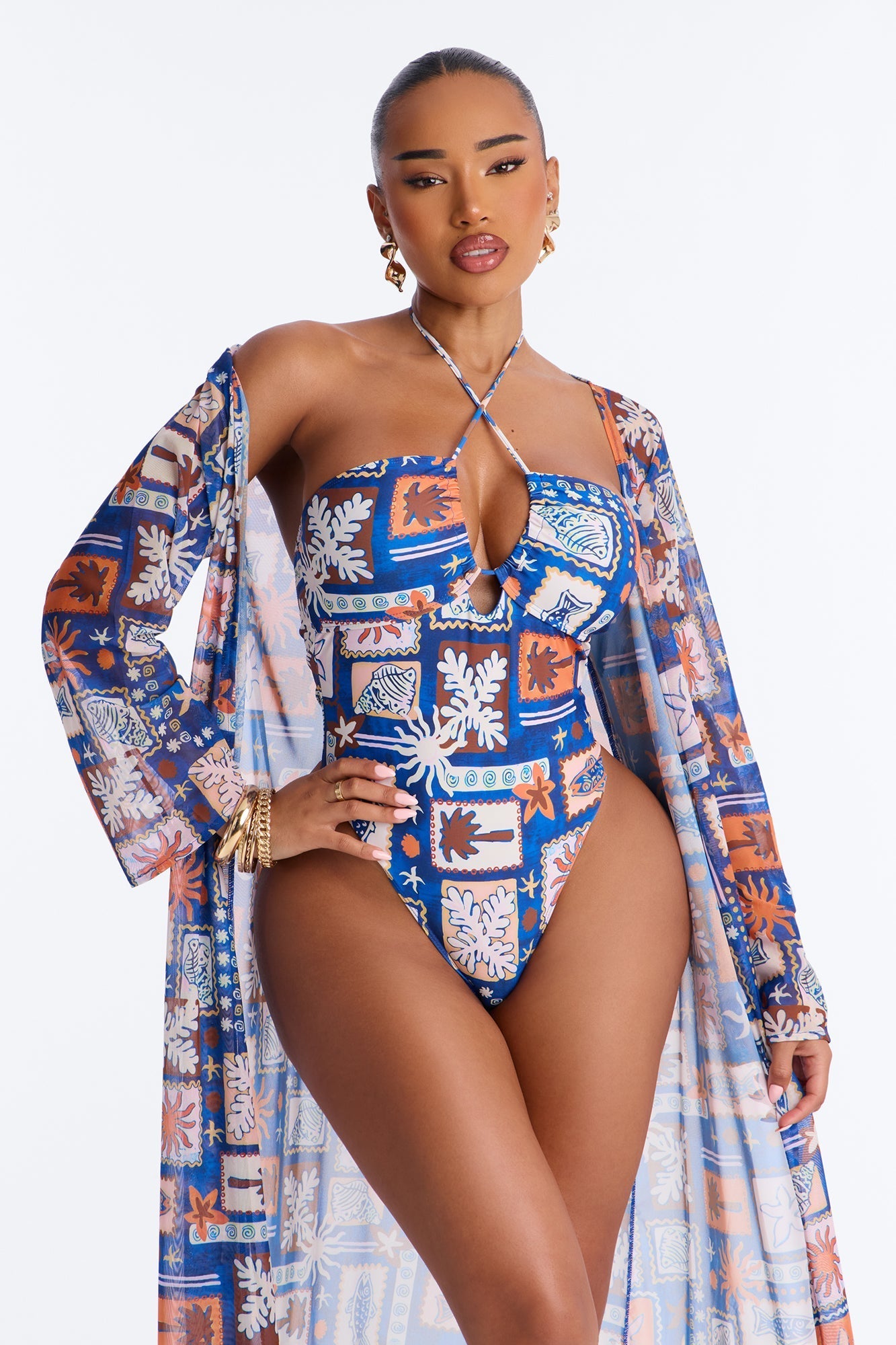 Monique Geometric Criss Cross Halter 2 Piece Bikini Kimono Set - Blue/combo NEWFASHIONEDGE