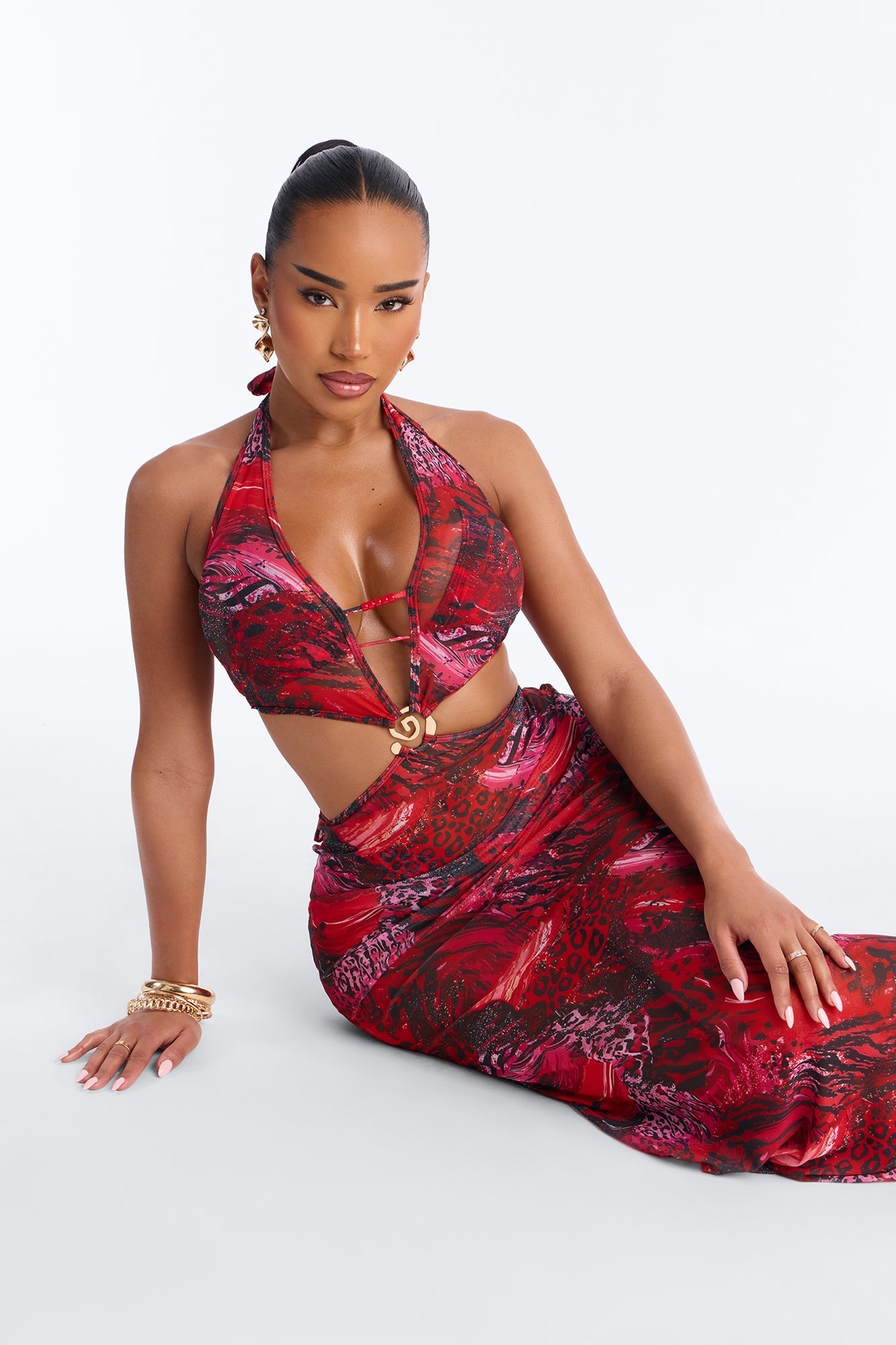 Azure Aura Mesh Beaded 3 Piece Bikini Sunsuit - Red/combo NEWFASHIONEDGE