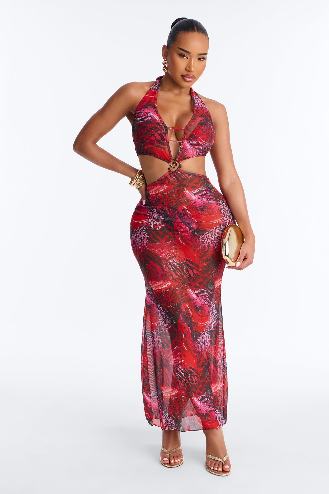 Azure Aura Mesh Beaded 3 Piece Bikini Sunsuit - Red/combo NEWFASHIONEDGE