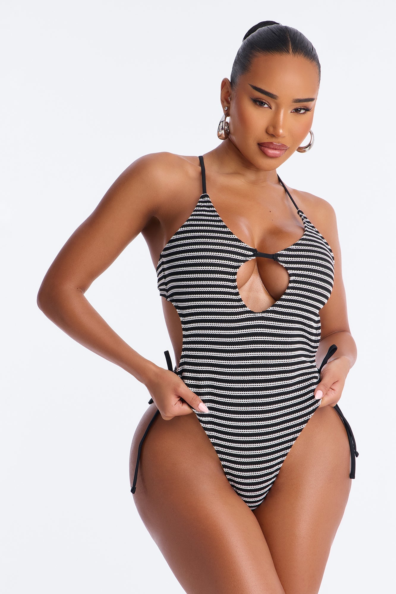 Adelina Striped 1 Piece Cut Out Swimsuit - Black/White NEWFASHIONEDGE