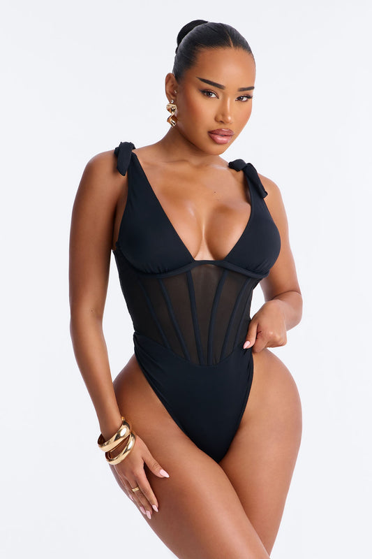 Tropic Like It's Hot Underwire Shoulder Ties 1 Piece Swimsuit - Black Fashion Nova