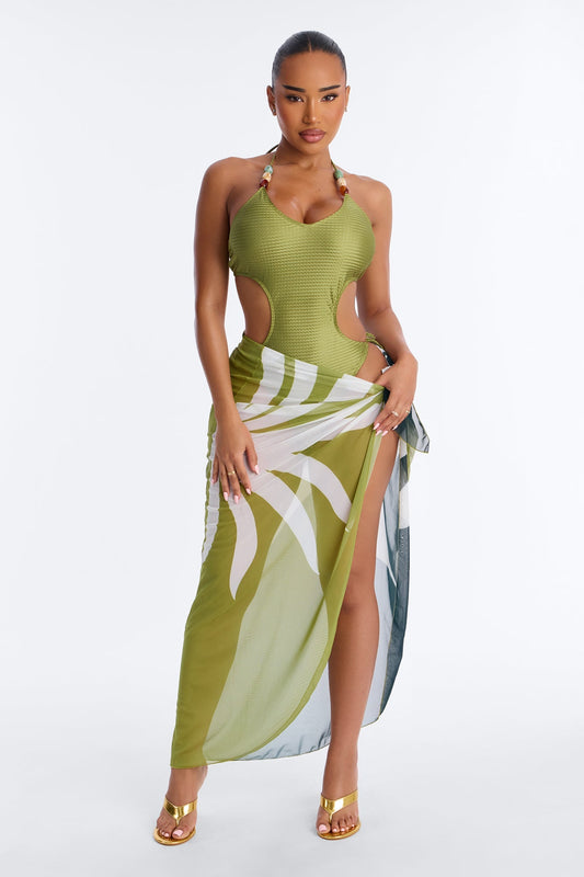 Waiting For The Sunset 1 Piece Swimsuit And Sarong - Green/combo NEWFASHIONEDGE