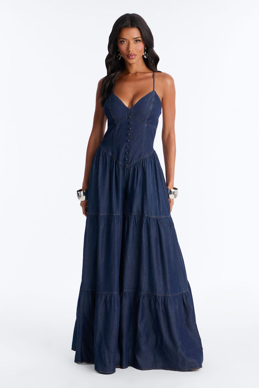 Belle Denim Tiered Wide Leg Jumpsuit - Dark Wash Fashion Nova