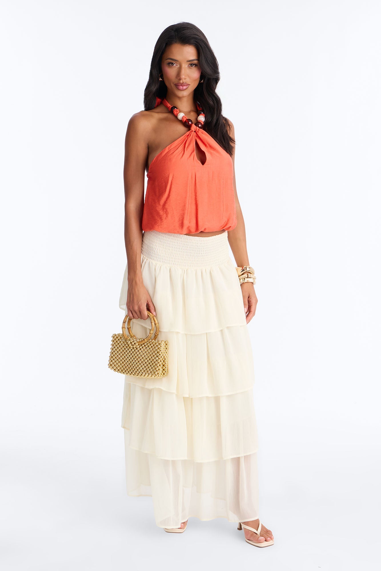 Beach Breeze Beaded Linen Halter Top - Orange
