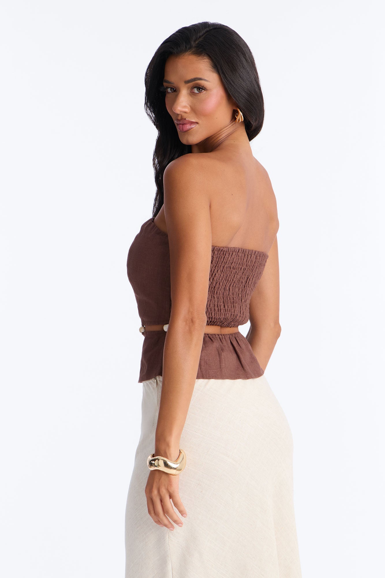 On The Guest List Beaded Linen Top - Brown Fashion Nova