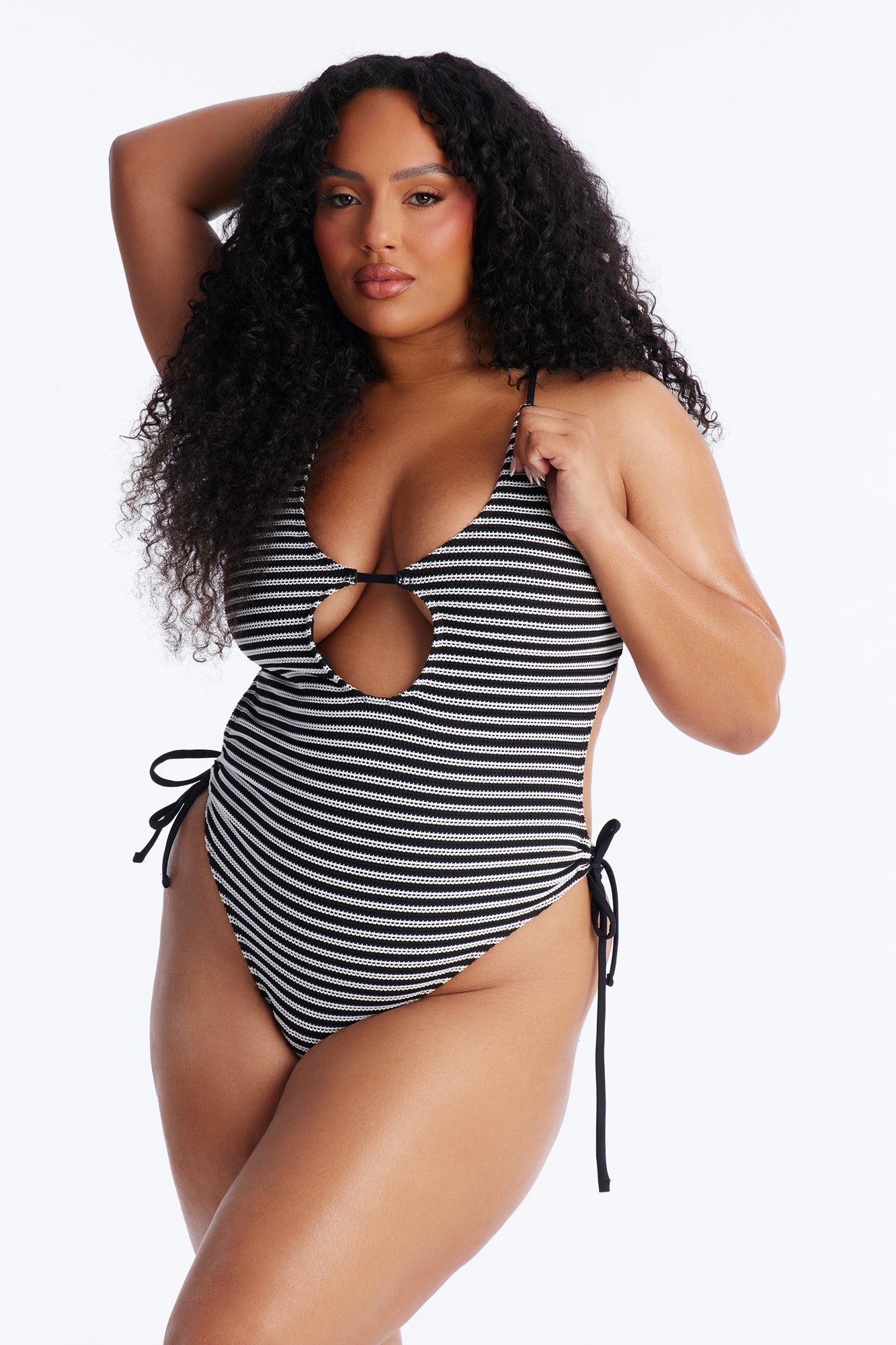 Adelina Striped 1 Piece Cut Out Swimsuit - Black/White