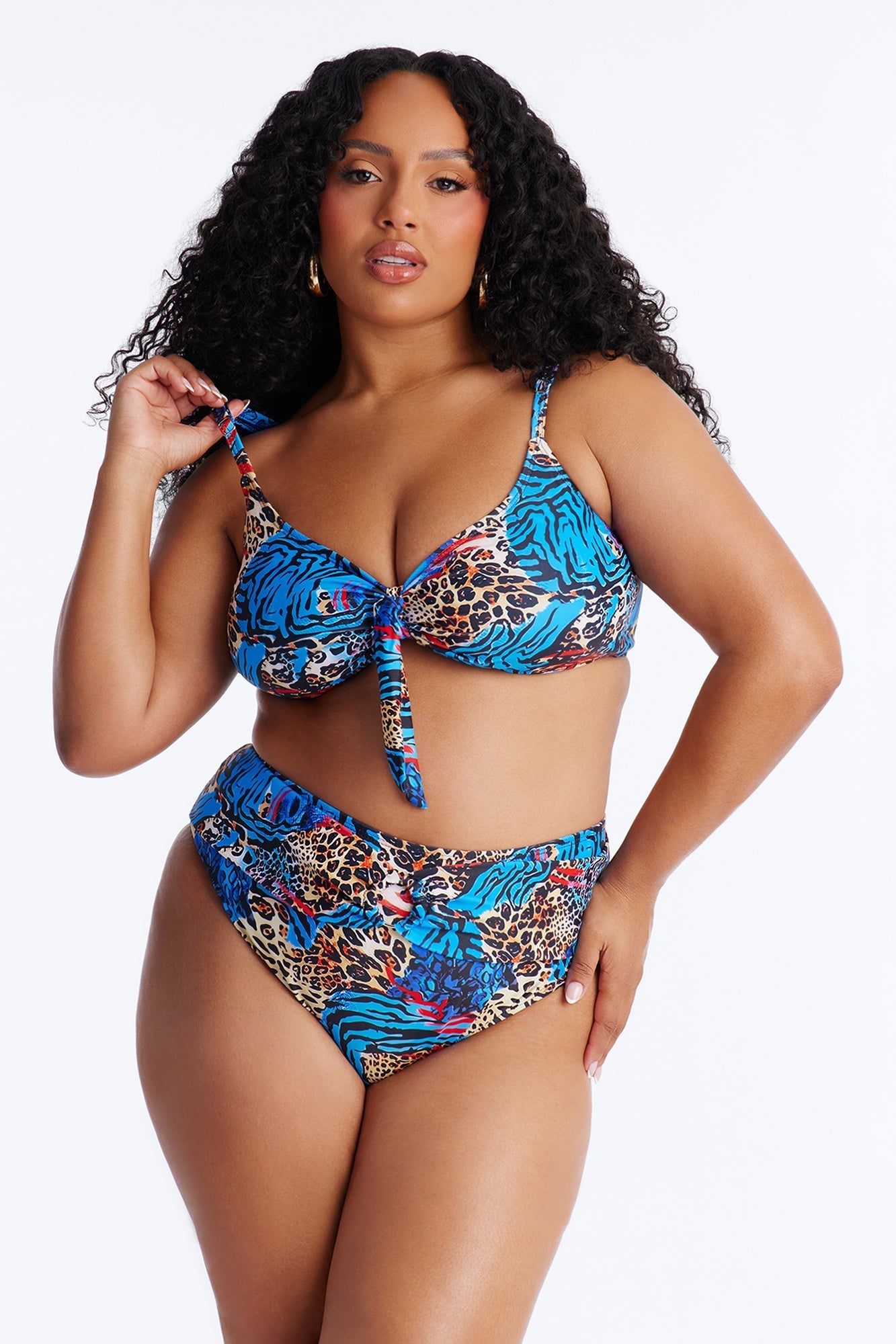 Unstoppable Wild Paradise Animal Front Tie Ruching High Waist Midi 3 Piece Bikini Komono Set - Blue/combo NEWFASHIONEDGE